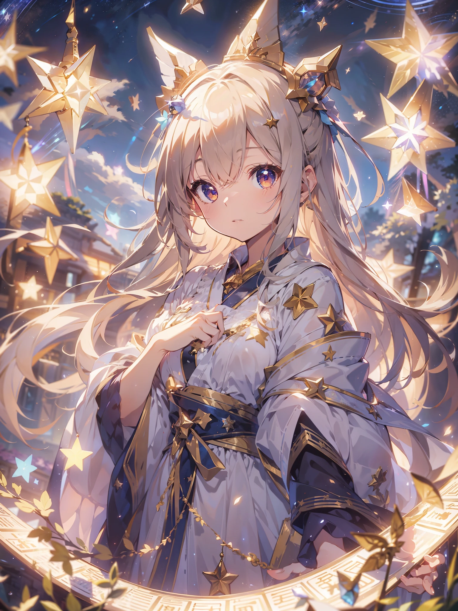 anime,depth of field, cinematic lighting, lens flare, f/1.2,(masterpiece:1.2),(high definition),astrology、Star reading、Girl holding up a star and telling fortune、Robe、Fantastic works、Fantasy World
