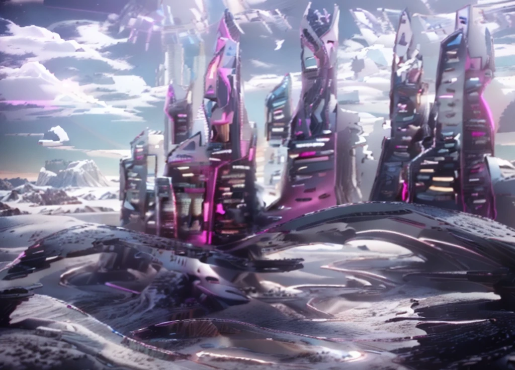 Masterpiece, 12k, uhd, photorealistic, a ultra beautiful suggestive landscape, with snow hills, snow land, futuristic metropolis in background, with skycrapers, night sky with stars, pink boreal aurora in the sky, light neon effects, cyberpunk dreaming atmosphere, (3D rendering buildings), seems real, blue and pink sky and snow colors