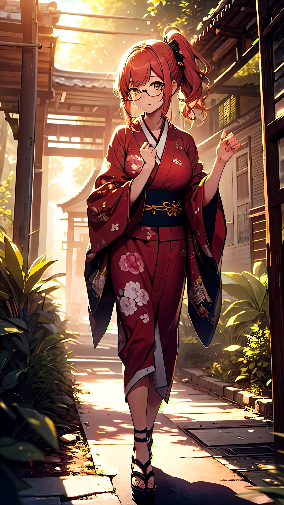 (1girl:1.3), Masterpiece, Best quality, amazing beauty, [[3D]], 4K, absurdres, finely detail, super detailed eye, perfect anatomy, official art, cinematic lighting, BREAK, Shrine/Temple, forest/jungle, stone, silky side ponytail, blunt bangs, red hair, super shiny detailed yellow eyes, cute eyes, thin eyebrow, Staring, facing this way, close-mouth, rouge, Eyeshadow, glasses, piercing, embarrassed, BREAK , big breasts, tall, slim, fair skin, glistening skin, walking, full body, from front, wearing a kimono, Fancy Kimono, Spotlight, BREAK , , BREAK,(Glasses)