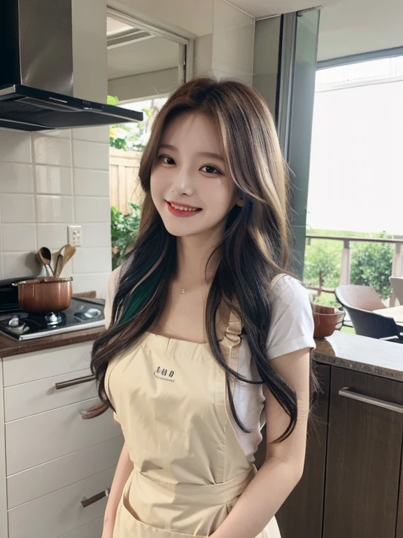 (best quality, 8k, Masterpiece: 1.3), Beautiful woman with a perfect figure: 1.4, dark brown hair, Wear a pendant, Wear an apron, in the kitchen, Highly detailed faces and skin, Detailed eyes, Double eyelids, black gray background