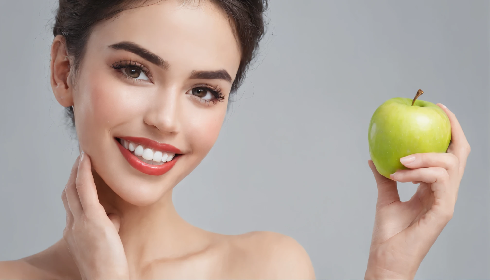 rosto de mulher, morena, sorriso sensual, cabelos ondulados, pele macia, biting an apple