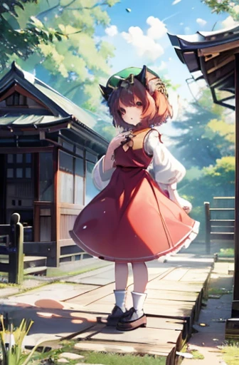 Highest quality touhou 、chen、Cat ear、short-haired red hair、Green hat、whole body、Old Japanese house、Standing in the garden