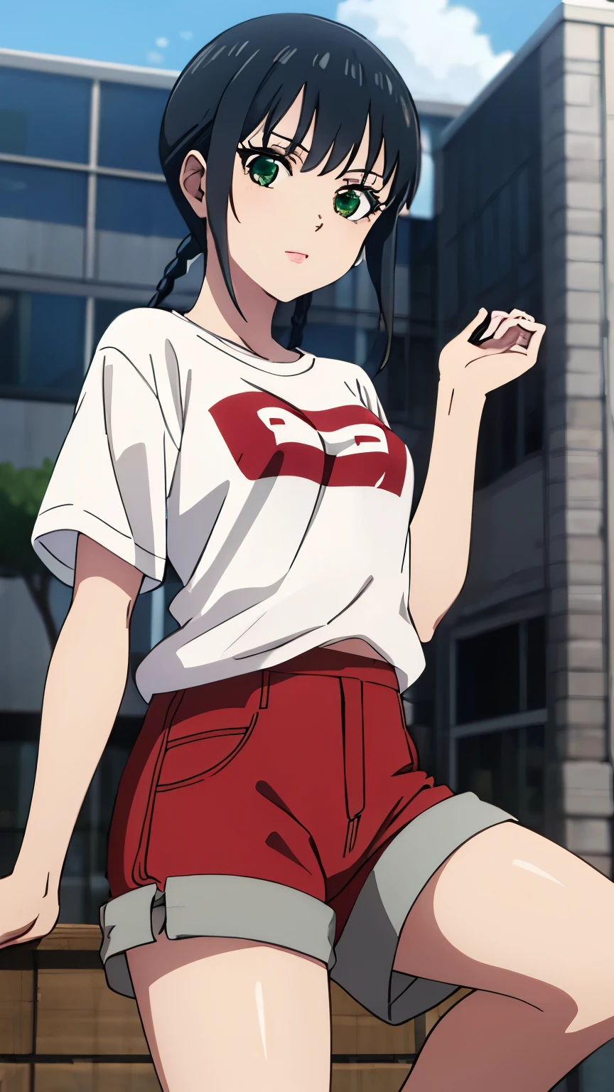 (masterpiece, best quality, 8k:1.2),
1 girl, Kyoukai, black hair, braids, ponytail, green eyes, eyelashes, medium breasts, (bangs, t-shirt, shorts),
alone, looking at the viewer, city,