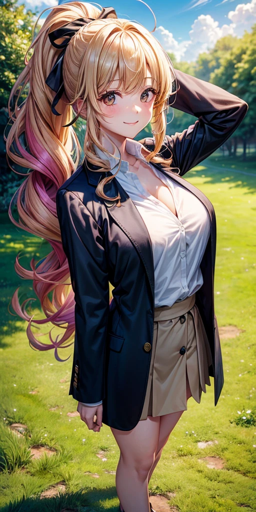 1girl, full body, solo, summer, village, trees, sun, clouds, ((colorful hair)), long hair, curly hair, ponytail, large breasts, ((black blazer)), button down shirt, ((white shirt)), ((short sleeved shirt)), ((unbuttoned shirt)), unbuttoning buttons, cleavage 1:3, brown eyes, skirt, smile, looking at the viewer, standing, hair ribbon, golden necklate