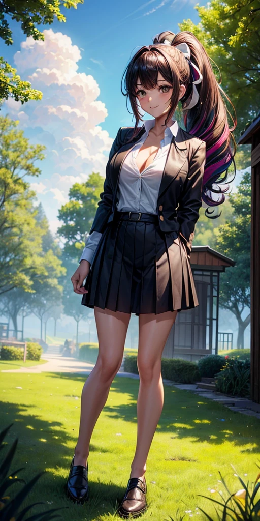 1girl, full body, solo, summer, village, trees, sun, clouds, ((colorful hair)), long hair, curly hair, ponytail, large breasts, ((black blazer)), button down shirt, ((white shirt)), ((short sleeved shirt)), ((unbuttoned shirt)), unbuttoning buttons, cleavage 1:3, brown eyes, skirt, smile, looking at the viewer, standing, hair ribbon, golden necklate