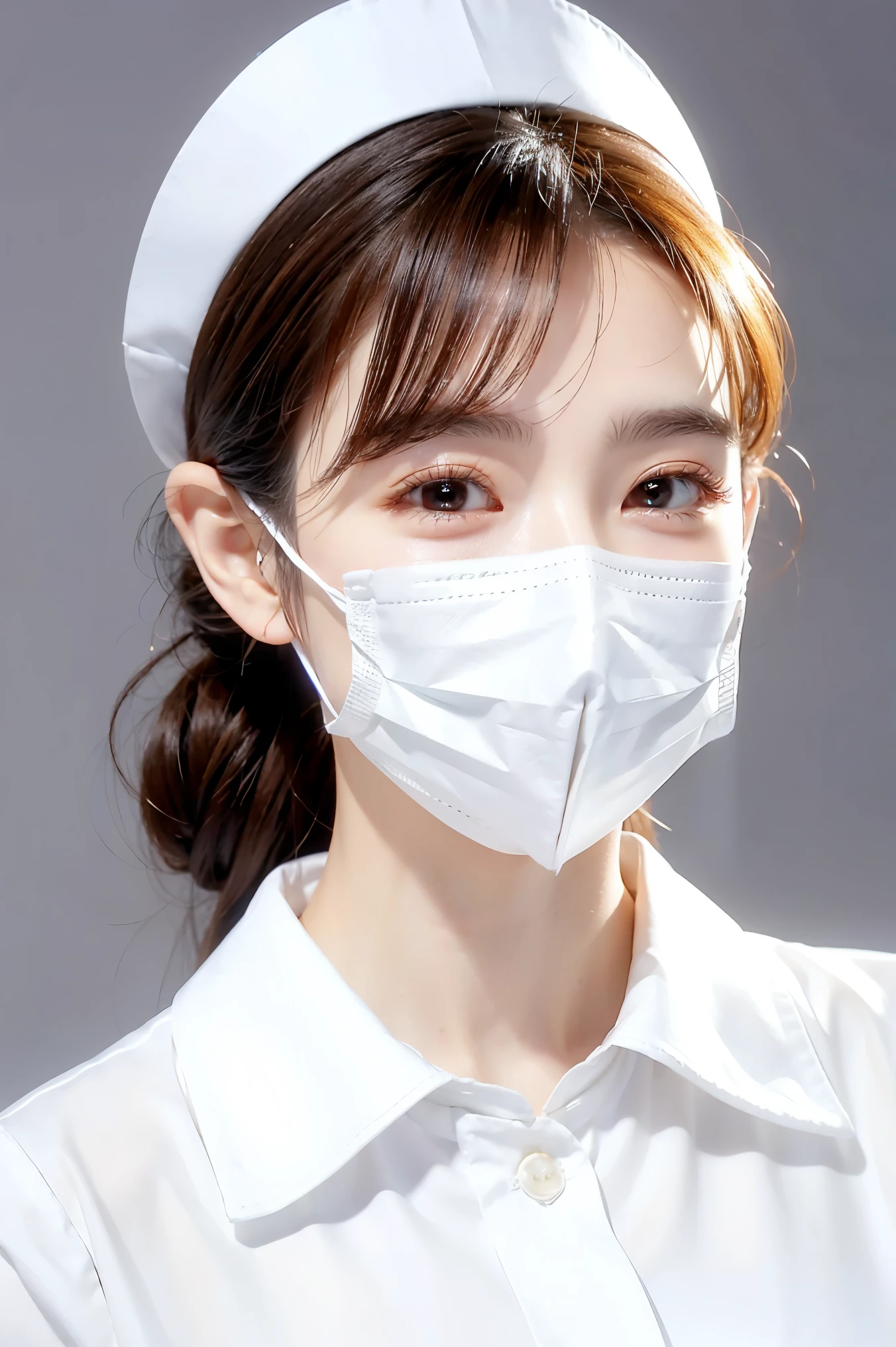 (Tabletop、highest quality、8k、Award-winning works、Ultra-high resolution)、(One beautiful nurse:1.1)、(The perfect white nurse coat:1.1)、(White Mask:1.2)、Chignon、Shiny, beautiful hair、Accurate anatomy、(Strongly blurred white background:1.1)、(very bright white lighting:1.1)、(Close-up of face:1.3)、Perfect beautiful makeup、Spectacular Cinema Lighting、Tyndall effect、(standing elegantly:1.1)、(Shining white skin:1.1)、Shiny beautiful skin、Radiant Skin