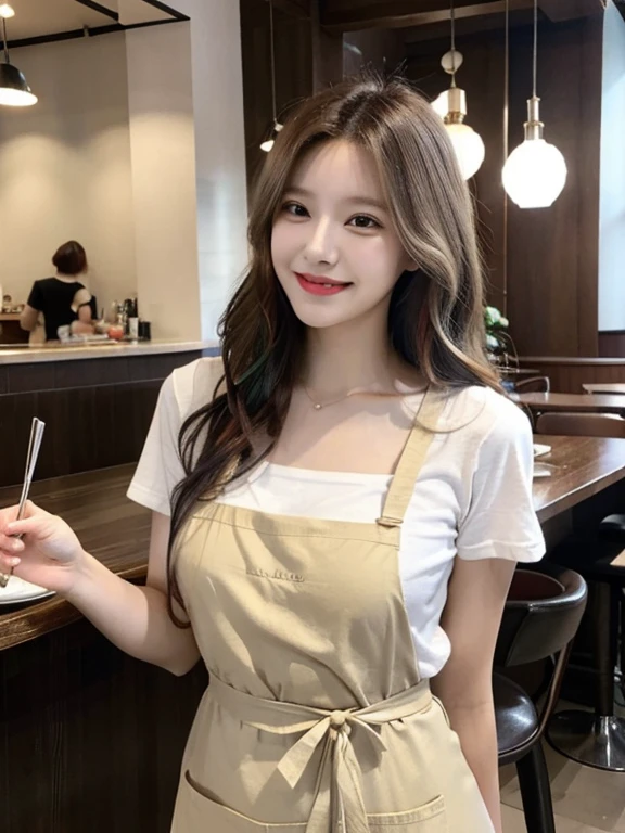 masterpiece, highest quality, High resolution,alone,Multiple hair colors,artistic,Best lighting,casual,Flat Chest,Beautiful Face,expensive,smile,light makeup,Age 24,Calm woman,Detailed Hair,Laughing woman,Wavy Hair,Woman in apron,morning,whole body,indoor,Cafe