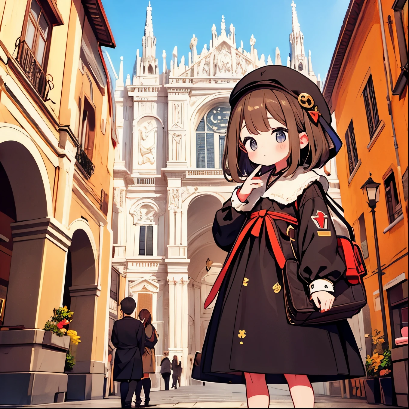 Milan Sightseeing、Cathedral、Kawaii Girl、happily face、Milanese cutlets、Traditional costumes of Milan、Brown skin、masterpiece、top-quality、Top image quality