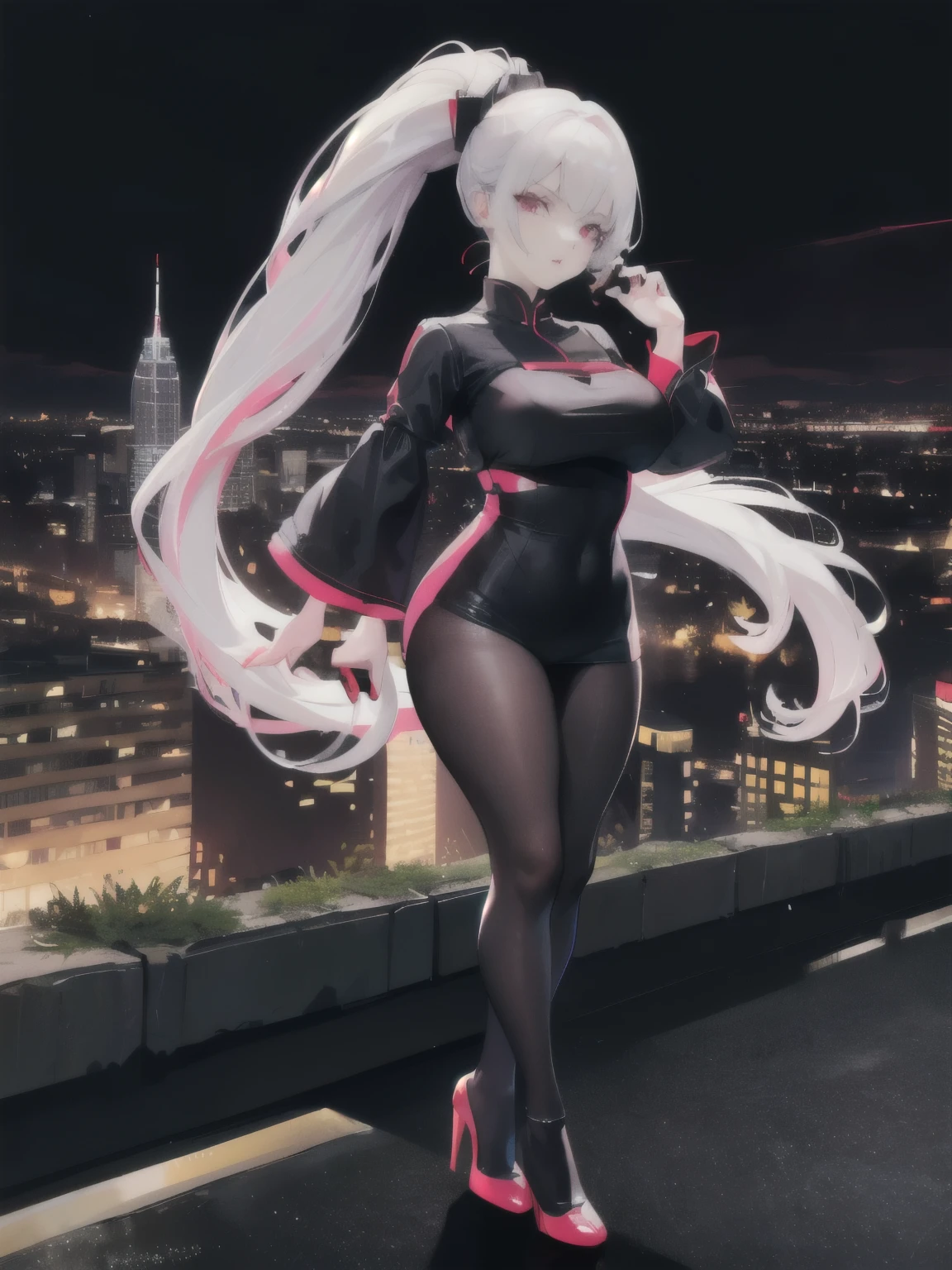 giant, tall, girl, medium breasts, white hair, looking down to camera, big thighs, city background, hoodie, no pants