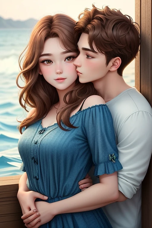 Man and woman, aggressive kissing kiss, staring intently to eyes. No one look at front. Man Hugging woman from back and kissing, Lovers. Hand on the waist. Hand on the neck. Hand on the face. The girl is a beautiful mermaid on the sea.
20-year-old boy and 18-year-old girl. Detailed face, Detailed eyes, double eyelid, cute, sunny, warm vibes, Handsome-cool-warm-boy with brown hair and hot-seductive-sexy-cute-beautiful-girl with brown hair and blushing face. Intimate vibes.