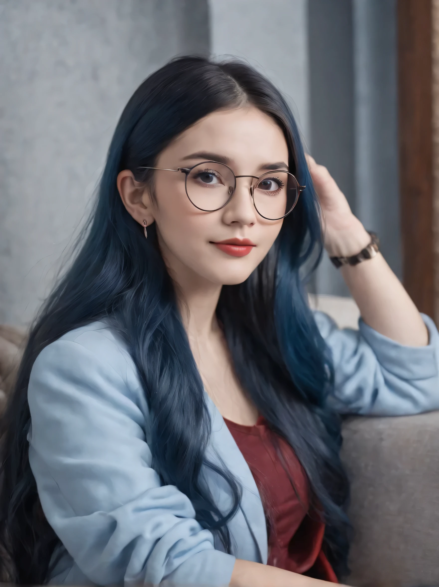 young girl, (blue long hair:1.3), round black glasses on the face. Black top, red jacket. silver earrings in ears, playful smile, sitting on the sofa, fox ears on the headband