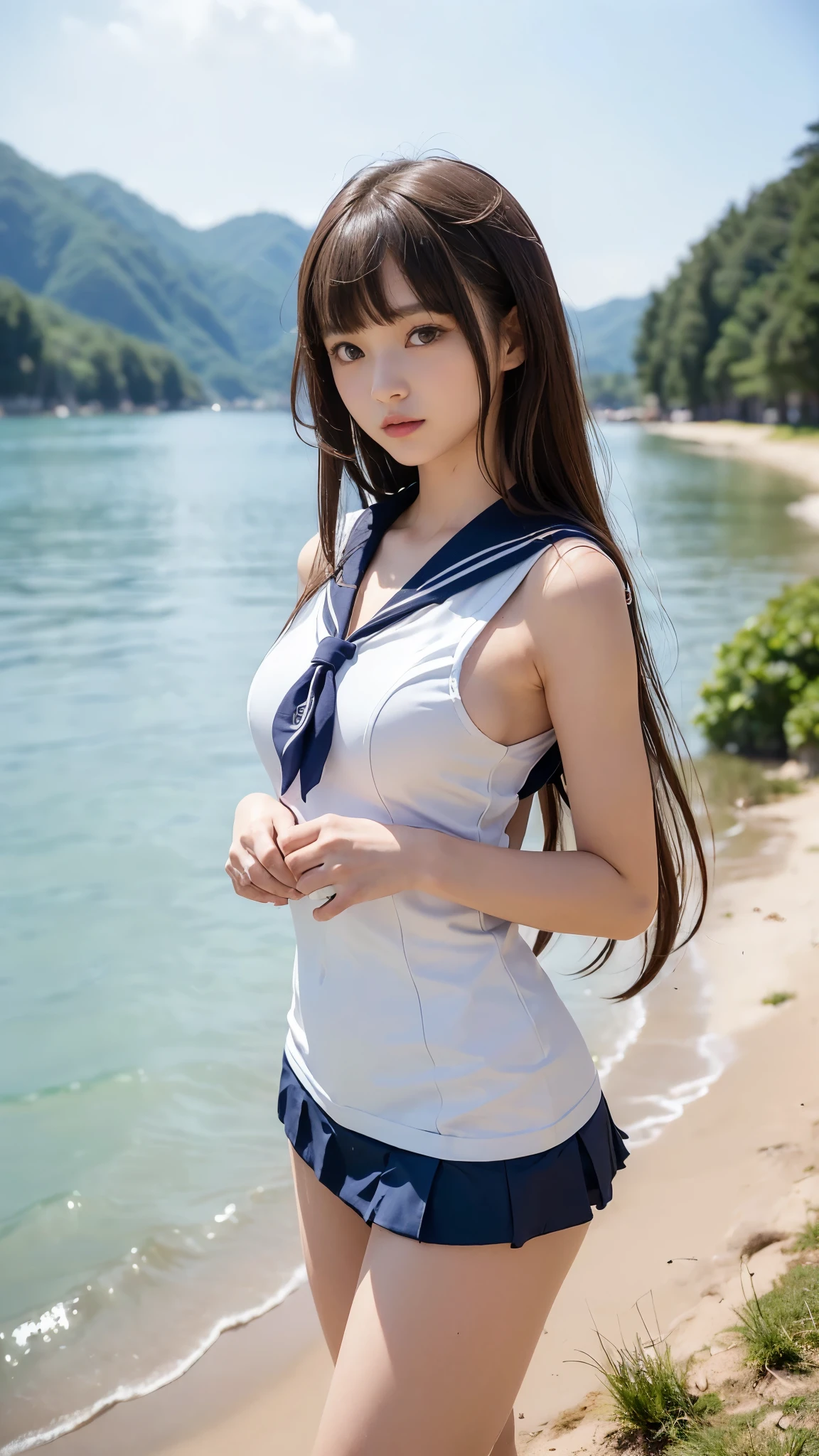 (Miniskirt one-piece sailor suit:1.4), ((The body of a -yeld beiful girl:1.3)), ((Hair, Smooth and shiny hair)), (Long side bangs:1.3), Japanese Idols, Korean, (Beautiful Skin:1.2), (Slender body line), ((Petite, delicate, 8th life)), (Medium breast), Cleavage, (Perfect Anatomy:1.4), (Detailed eyes and face:1.2), (Detailed hands and legs:1.3), (Little gi;s small hand:1.3), ((highest quality, 8K, masterpiece)), (View the viewer), (Sexual arousal:1.5), (Flushed cheeks:1.4), (A sense of sexual openness:1.5), (A nice pose with open arms:1.4), 