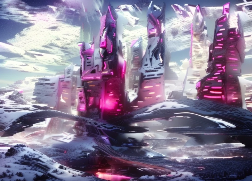 Masterpiece, 12k, uhd, photorealistic, a ultra beautiful suggestive landscape, with snow hills, snow land, futuristic metropolis in background, with skycrapers, night sky with stars, pink boreal aurora in the sky, light neon effects, cyberpunk dreaming atmosphere, (3D rendering buildings), seems real, blue and pink sky and snow colors
