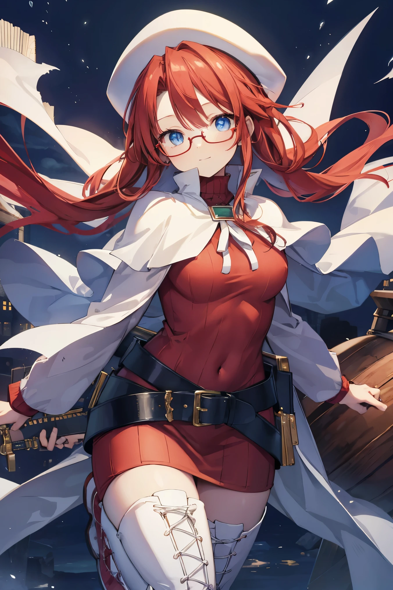 summonnightaty, aty, (young:1.3),long hair, blue eyes, red hair, large_beret, hat, glasses,
BREAK long hair, thighhighs, hat, dress, boots, glasses, belt, cape, sweater, zettai ryouiki, beret, thigh boots, white footwear, ribbed sweater, loose belt,solo,
BREAK outdoors, fantasy,on_cobblestone
,,Highquality_hads,perfect_fingers,
BREAK (masterpiece:1.2), best quality, high resolution, unity 8k wallpaper, (illustration:0.8), (beautiful detailed eyes:1.6), extremely detailed face, perfect lighting, extremely detailed CG, (perfect hands, perfect ???????),covered_nipples,covered_navel ,half_eyes,long_sword,sleepy,standing,barrel,red_sweater,apart_knees,magical_effect,spread_legs, have_a_book,teacher,rise_knee,Smile,rise_hand,look_down_viewer,spread_arms,