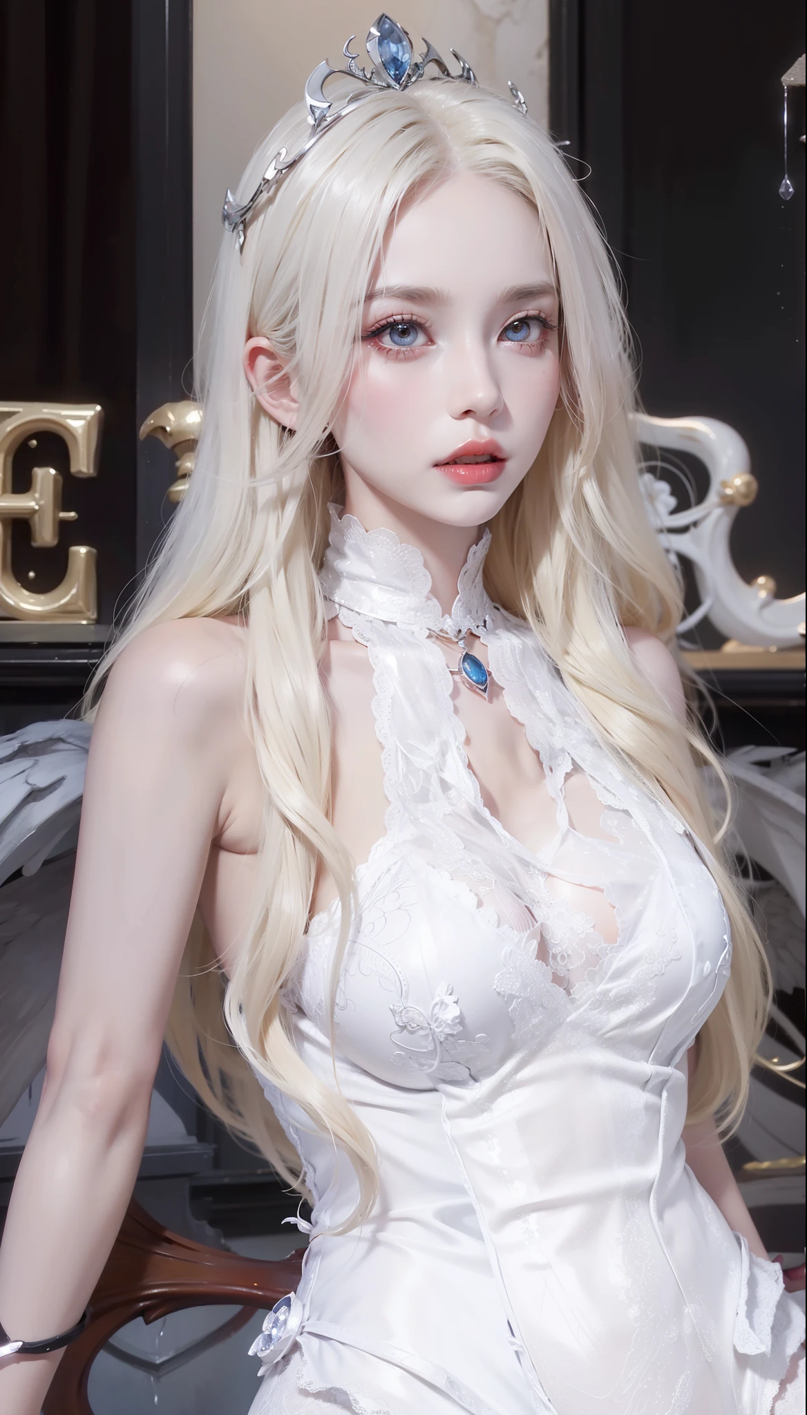 NSFW style,Delicate gloss,Box full of swords images,wing, Succubus Theme,Fallen Angel,Excellent,scary,Secret Terror,Tentacles,With eyes,Uncanny Valley Effect,Beast Blood Moon,skeleton,vampire,Hellfire,Demon Angel,Silver jewelry,Sapphire eyes,Gorgeous colorful makeup,There are tattoos on the body,Gorgeous Demon Crown,Luxurious diamond necklace,blonde