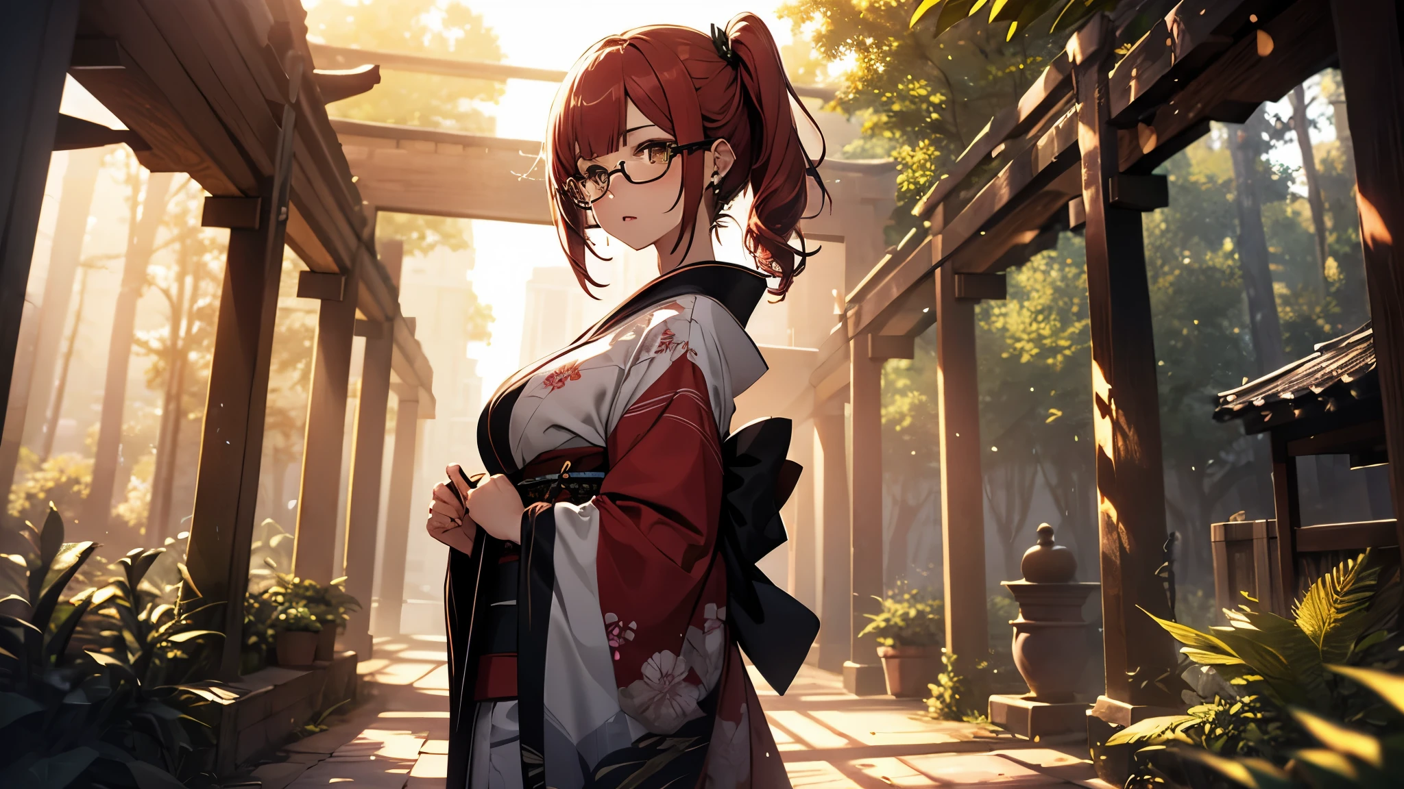 (1girl:1.3), Masterpiece, Best quality, amazing beauty, [[3D]], 4K, absurdres, finely detail, super detailed eye, perfect anatomy, official art, cinematic lighting, BREAK, Shrine/Temple, forest/jungle, stone, silky side ponytail, blunt bangs, red hair, super shiny detailed yellow eyes, cute eyes, thin eyebrow, Staring, facing this way, close-mouth, rouge, Eyeshadow, glasses, piercing, embarrassed, BREAK , big breasts, tall, slim, fair skin, glistening skin, walking, full body, from front, wearing a kimono, Fancy Kimono, Spotlight, BREAK , , BREAK,(Glasses)