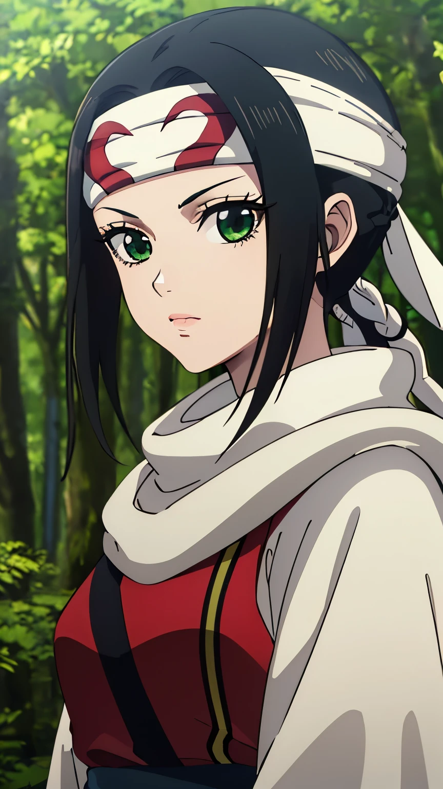 (masterpiece, best quality, 8k:1.2),
1 girl, Kyoukai, black hair, braids, ponytail, green eyes, eyelashes, medium breasts,(black ninja,black head band, japanese clothes, in the forest),
alone, looking at the viewer, 