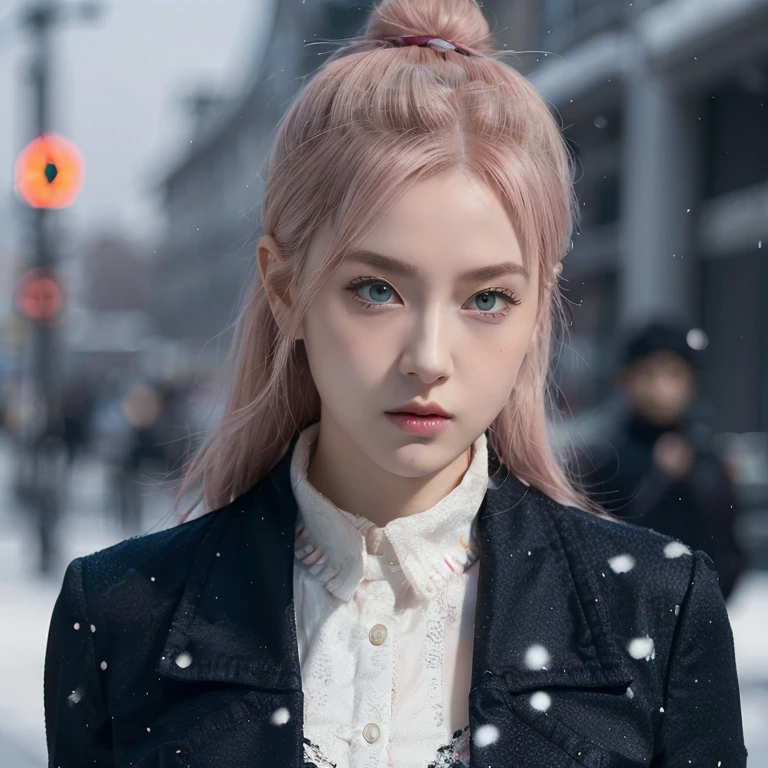 young woman, short shoulder-length pink hair, wide forehead, porcelain skin, pink eyebrows, big emerald green eyes, buttoned nose, full lips, heart-shaped face, slender body, small breasts, red tank top, Sakura Haruno , realistic, realism, details, 3d, well detailed