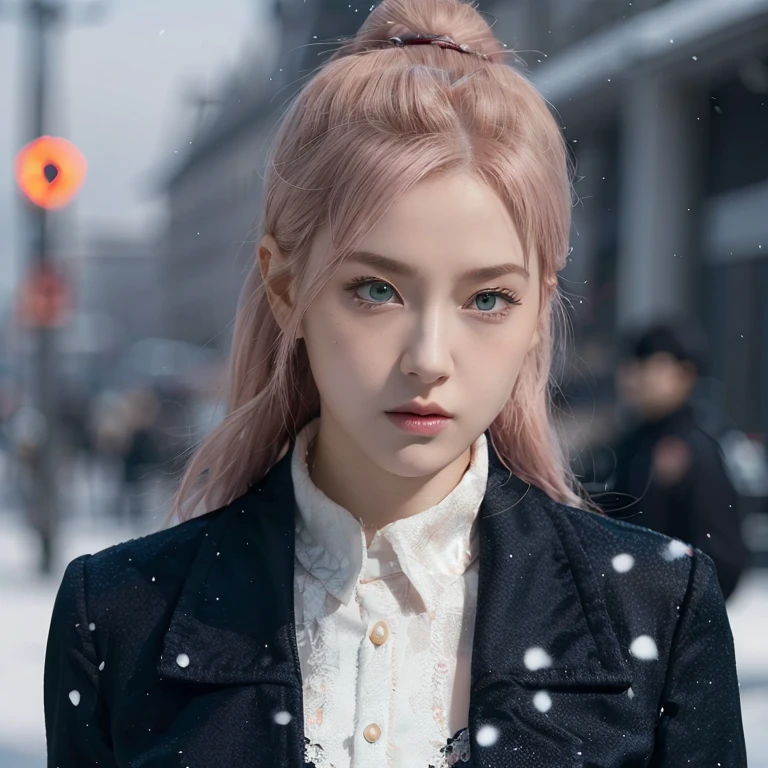 young woman, short shoulder-length pink hair, wide forehead, porcelain skin, pink eyebrows, big emerald green eyes, buttoned nose, full lips, heart-shaped face, slender body, small breasts, red tank top, Sakura Haruno , realistic, realism, details, 3d, well detailed
