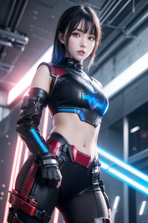 High resolution、8k、Beautiful Teenage Woman、1 female、Medium chest、Short black hair、(Cyberpunk metallic mechanical outfit)、Blue and Red、((Superhero Outfits))、(Cyberpunk Plaza)、(fighting stance)