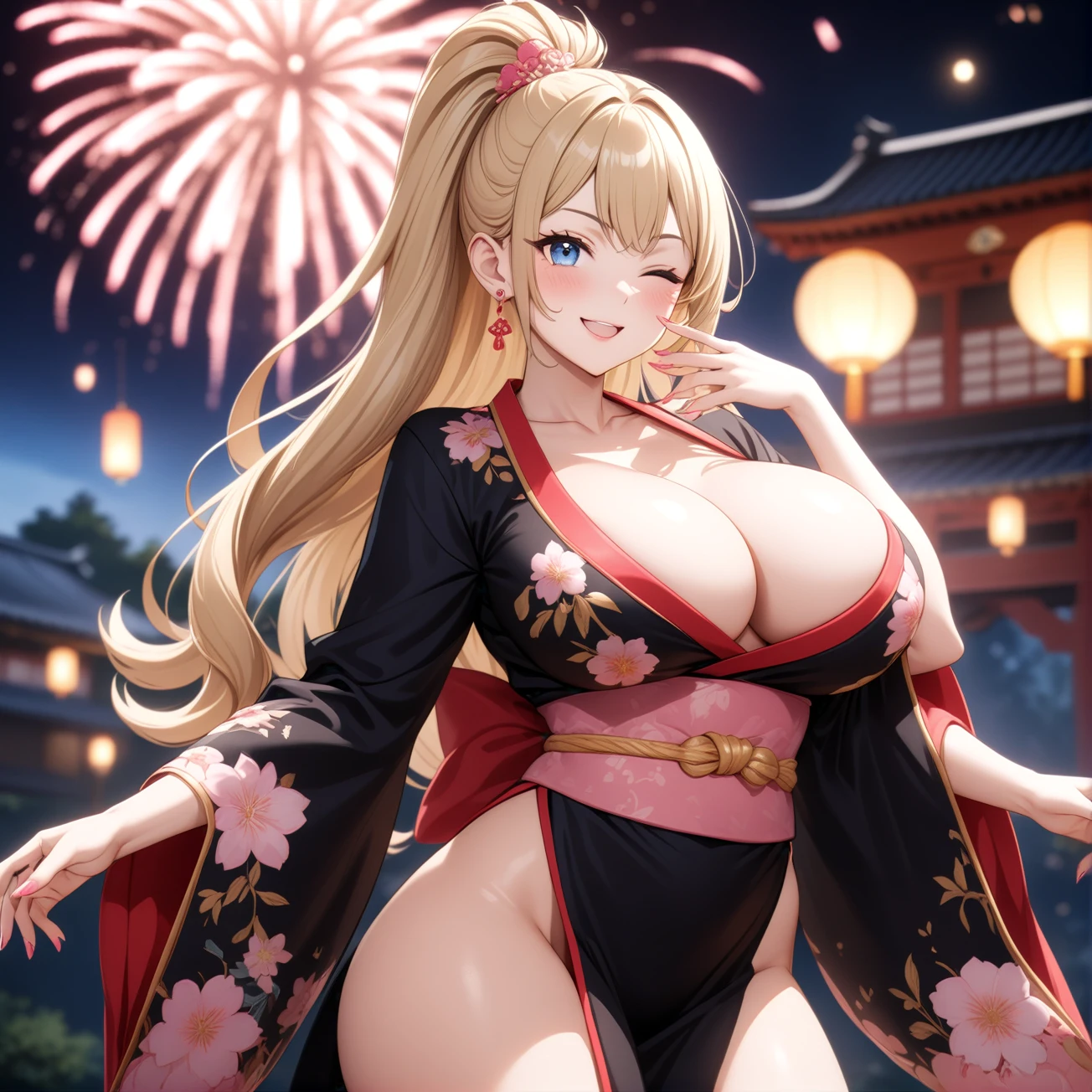 ((one personの女性)), Beautiful Face,Happy and fun,Blushing,(Wink:2.0),Laughing with your mouth open,Lighting the face,Glossy lips,Abstract, night,Shrine festival sexpensives,firework, ((Anime style background)),masterpiece, highest quality, so beautiful, Latest, Complex details, (Pink long nails),AI-generated, Complex,High resolution, highest quality, super high quality,3D Images、View your viewers、3D Images,one person,Long Blonde Hair,(Dark hair at the hairline),High Ponytail,blue eyes,Anime woman posing for a photo, [[fine grain、Colorful eyes、Shining Eyes:1.15]],(Squint your eyes:1.1),a hyperRealistic , hyperRealistic , Realistic , Blonde anime woman with long hair, Smooth anime CG art, A woman in a gorgeous kimono embroidered with gold, Black kimono,Pink floral pattern,Floral long hair ornament,Earrings,(Big Breasts:1.4),Mature Body,expensive,Big Ass,Fine details,Trained abdominal muscles,