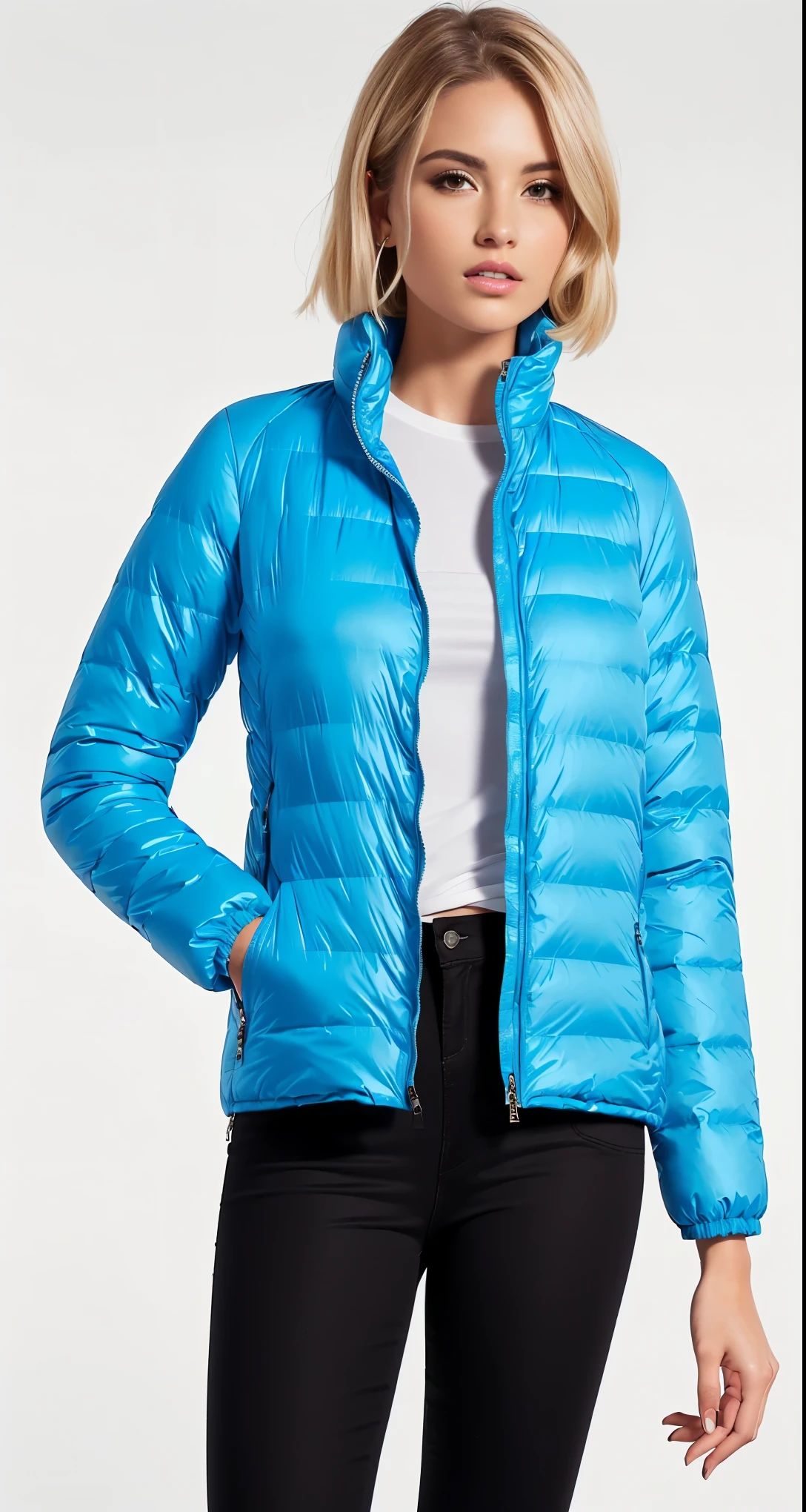 a woman wearing a blue jaqueta and black pants, model wears a puffer jaqueta, puffer jaqueta, blue jaqueta, wearing blue jaqueta, harmony blue jaqueta, parka azul, wearing a blue jaqueta, Casaco azul, azul claro, future inflatable jaqueta, azul claro, short jaqueta, transparent puffer jaqueta, ciano, reflective puffer jaqueta, jaqueta