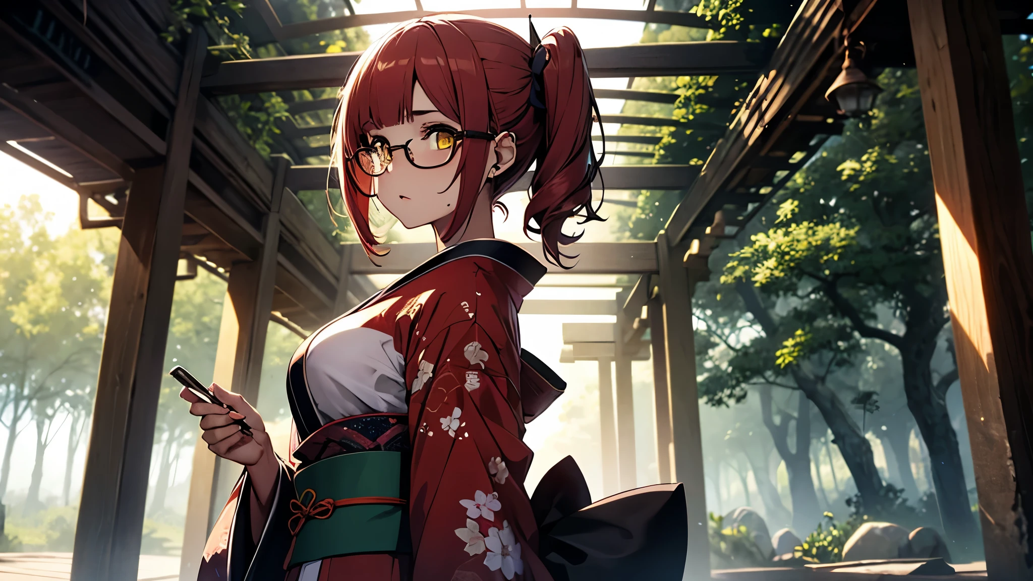 (1girl:1.3), Masterpiece, Best quality, amazing beauty, [[3D]], 4K, absurdres, finely detail, super detailed eye, perfect anatomy, official art, cinematic lighting, BREAK, Shrine/Temple, forest/jungle, stone, silky side ponytail, blunt bangs, red hair, super shiny detailed yellow eyes, cute eyes, thin eyebrow, Staring, facing this way, close-mouth, rouge, Eyeshadow, glasses, piercing, embarrassed, BREAK , big breasts, tall, slim, fair skin, glistening skin, walking, full body, from front, wearing a kimono, Fancy Kimono, Spotlight, BREAK , , BREAK,(Glasses)