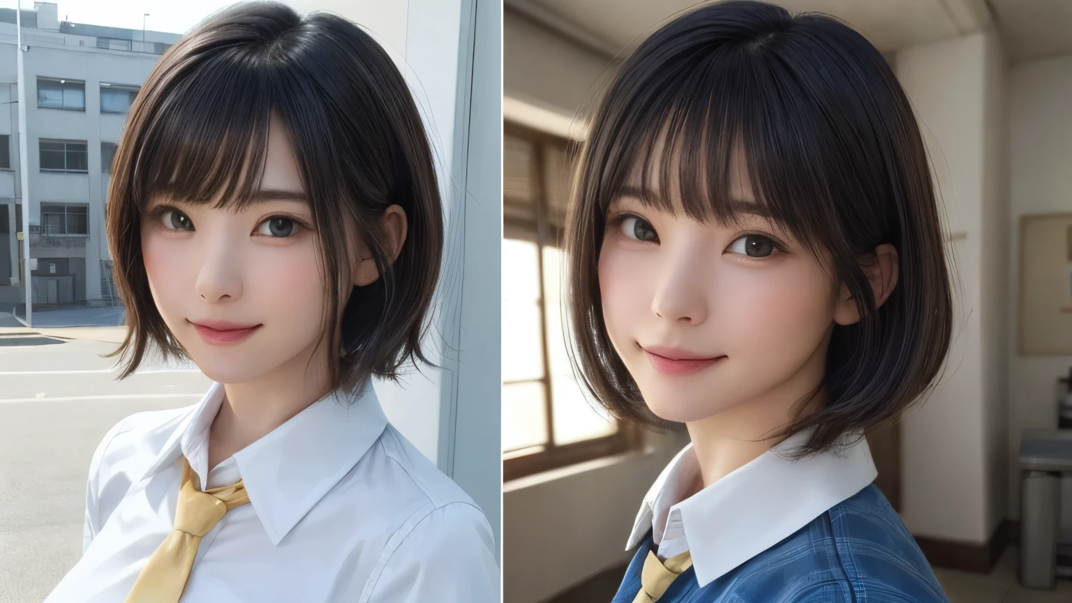 (masterpiece:1.3), (Realistic, RAW Photos, highest quality: 1.4), (One Girl), Beautiful Face, (超Realistic Face、シンメトリーのBeautiful Face), (Short black hair, short hair:1.6、bangs:1.3、Show off your beautiful ears), Beautiful Hairstyles, (Realistic eyes), Beautiful details, Long eyelashes, (Realistic Skin), Beautiful Skin, [Big Breasts:1.3], {Huge|big|Hugeな|Mega} chest, (Perfect body:1.3), (Detailed body:1.2), (tie), (Collared shirt, Pleated skirt:1.3), Absurd, charm, Ultra-high resolution, Ultra-realistic, Very detailed, Golden Ratio,Very cute beautiful woman、28 years old、Beautiful angle from behind、Background in front of the school building、smile、shut up.