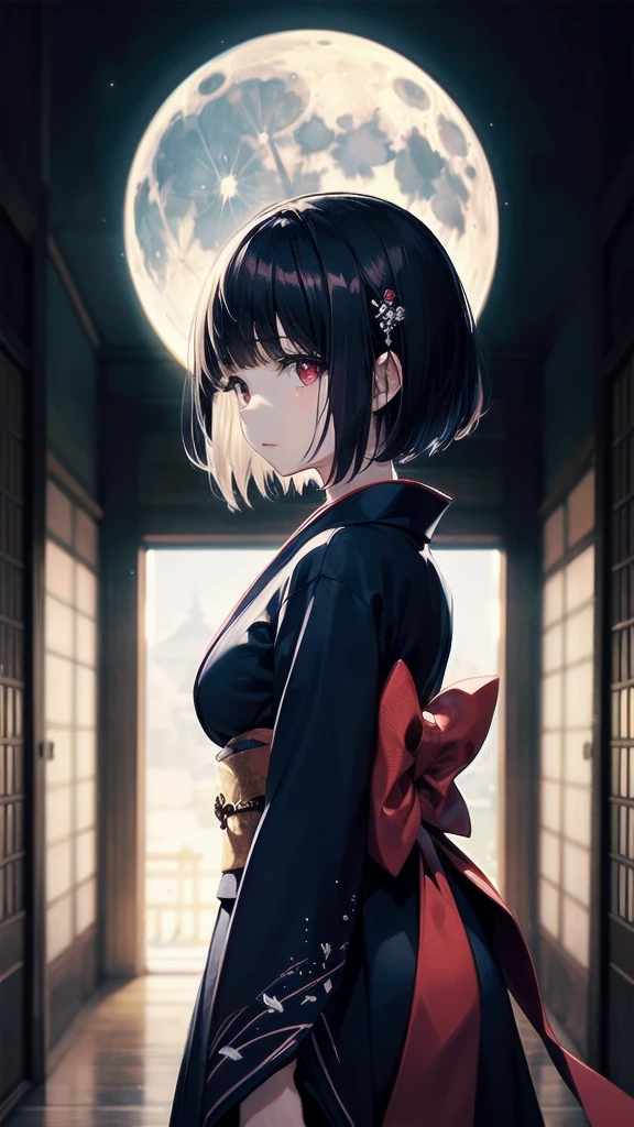 Dynamic angle, Perspective, (Backlight, Dark:1.5), Illustration, Top quality, Masterpiece, High resolution, Very delicate and beautiful, Very detailed wallpaper, Original, 1girl, Lolita, White skin, Short hair, Dark hair, Dull fringe, Fine eyes, Red eyes, (Black kimono:1.2), Japanese, Moon beauty, Cute,Taisho period,Taisho periodの街並み