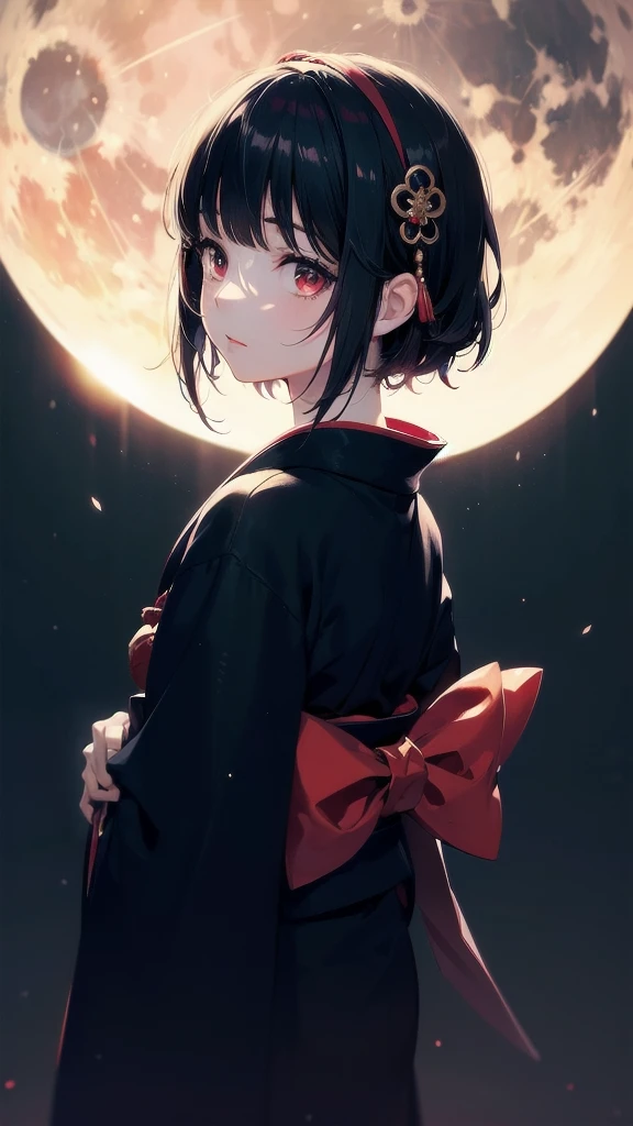 Dynamic angle, Perspective, (Backlight, Dark:1.5), Illustration, Top quality, Masterpiece, High resolution, Very delicate and beautiful, Very detailed wallpaper, Original, 1girl, Lolita, White skin, Short hair, Dark hair, Dull fringe, Fine eyes, Red eyes, (Black kimono:1.2), Japanese, Moon beauty, Cute,Taisho period,Taisho periodの街並み