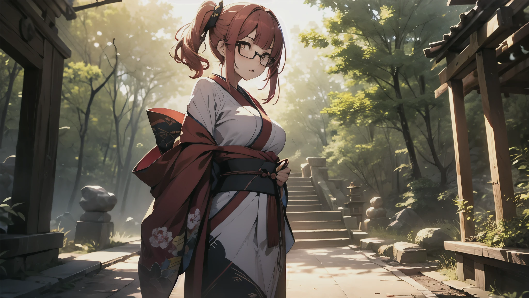 (1girl:1.3), Masterpiece, Best quality, amazing beauty, [[3D]], 4K, absurdres, finely detail, super detailed eye, perfect anatomy, official art, cinematic lighting, BREAK, Shrine/Temple, forest/jungle, stone, silky side ponytail, blunt bangs, red hair, super shiny detailed yellow eyes, cute eyes, thin eyebrow, Staring, facing this way, close-mouth, rouge, Eyeshadow, glasses, piercing, embarrassed, BREAK , big breasts, tall, slim, fair skin, glistening skin, walking, full body, from front, wearing a kimono, Fancy Kimono, Spotlight, BREAK , , BREAK,(Glasses)