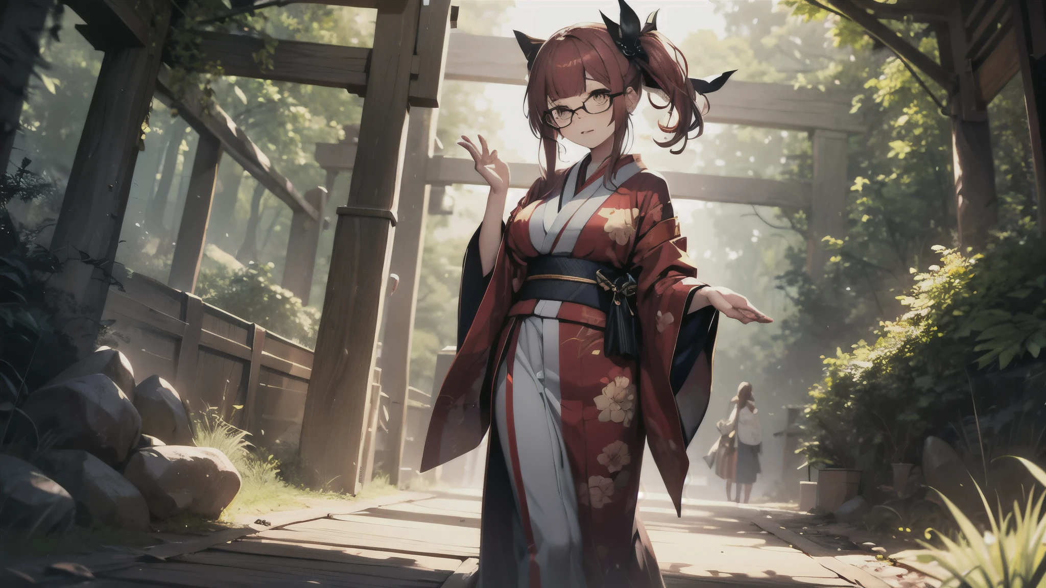 (1girl:1.3), Masterpiece, Best quality, amazing beauty, [[3D]], 4K, absurdres, finely detail, super detailed eye, perfect anatomy, official art, cinematic lighting, BREAK, Shrine/Temple, forest/jungle, stone, silky side ponytail, blunt bangs, red hair, super shiny detailed yellow eyes, cute eyes, thin eyebrow, Staring, facing this way, close-mouth, rouge, Eyeshadow, glasses, piercing, embarrassed, BREAK , big breasts, tall, slim, fair skin, glistening skin, walking, full body, from front, wearing a kimono, Fancy Kimono, Spotlight, BREAK , , BREAK,(Glasses)