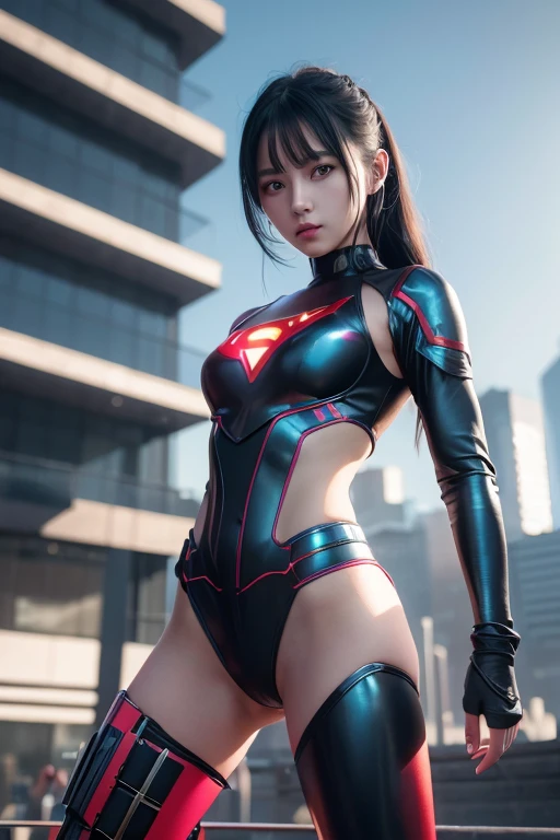 High resolution、8k、Beautiful Teenage Woman、1 female、Medium chest、Short black hair、(Cyberpunk metallic mechanical outfit)、Blue and Red、((Superhero Outfits))、(Cyberpunk Plaza)、(fighting stance)