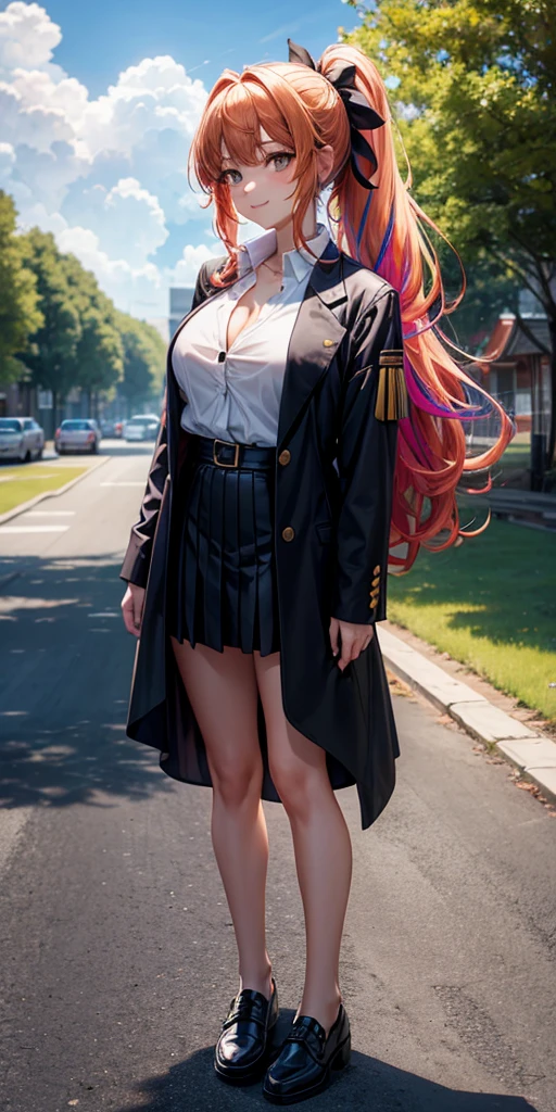 1girl, full body, solo, summer, village, trees, sun, clouds, ((colorful hair)), long hair, curly hair, ponytail, large breasts, ((black blazer)), button down shirt, ((white shirt)), ((short sleeved shirt)), ((unbuttoned shirt)), unbuttoning buttons, cleavage 1:3, brown eyes, skirt, smile, looking at the viewer, standing, hair ribbon, golden necklate