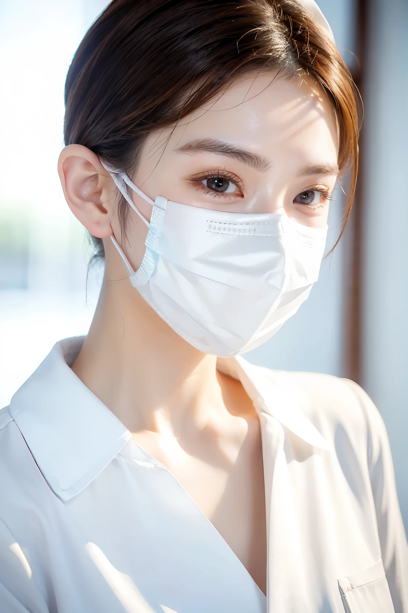 (Tabletop、highest quality、8k、Award-winning works、Ultra-high resolution)、(One beautiful nurse:1.1)、(The perfect white nurse coat:1.1)、(White Mask:1.2)、Chignon、Shiny, beautiful hair、Accurate anatomy、(Strongly blurred white background:1.1)、(very bright white lighting:1.1)、(Close-up of face:1.3)、Perfect beautiful makeup、Spectacular Cinema Lighting、Tyndall effect、(standing elegantly:1.1)、(Shining white skin:1.1)、Shiny beautiful skin、Radiant Skin
