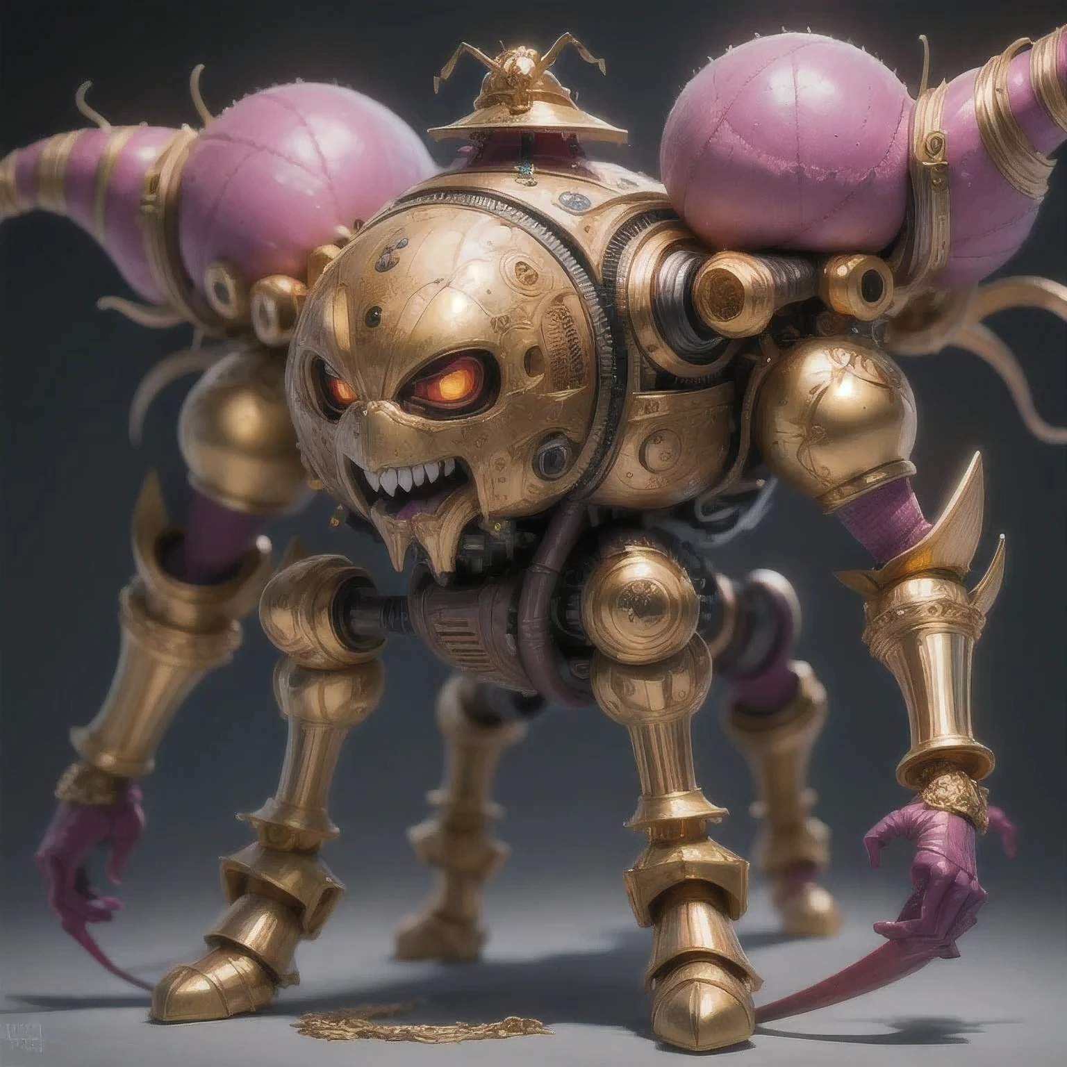 a close up of a golden spider with a purple-pink body and legs, steampunk spider, Mechanical spider red and white legs, arachnid, lolth, arachne, spider, steampunk robot scorpion, highly detailed barlowe 8 k, Bright orange legs large, sculpture made of gold, by Hiroyuki Tajima, full samurai armor spiderman, giger spider joker, insectoid，（（（Degenerator ）））
