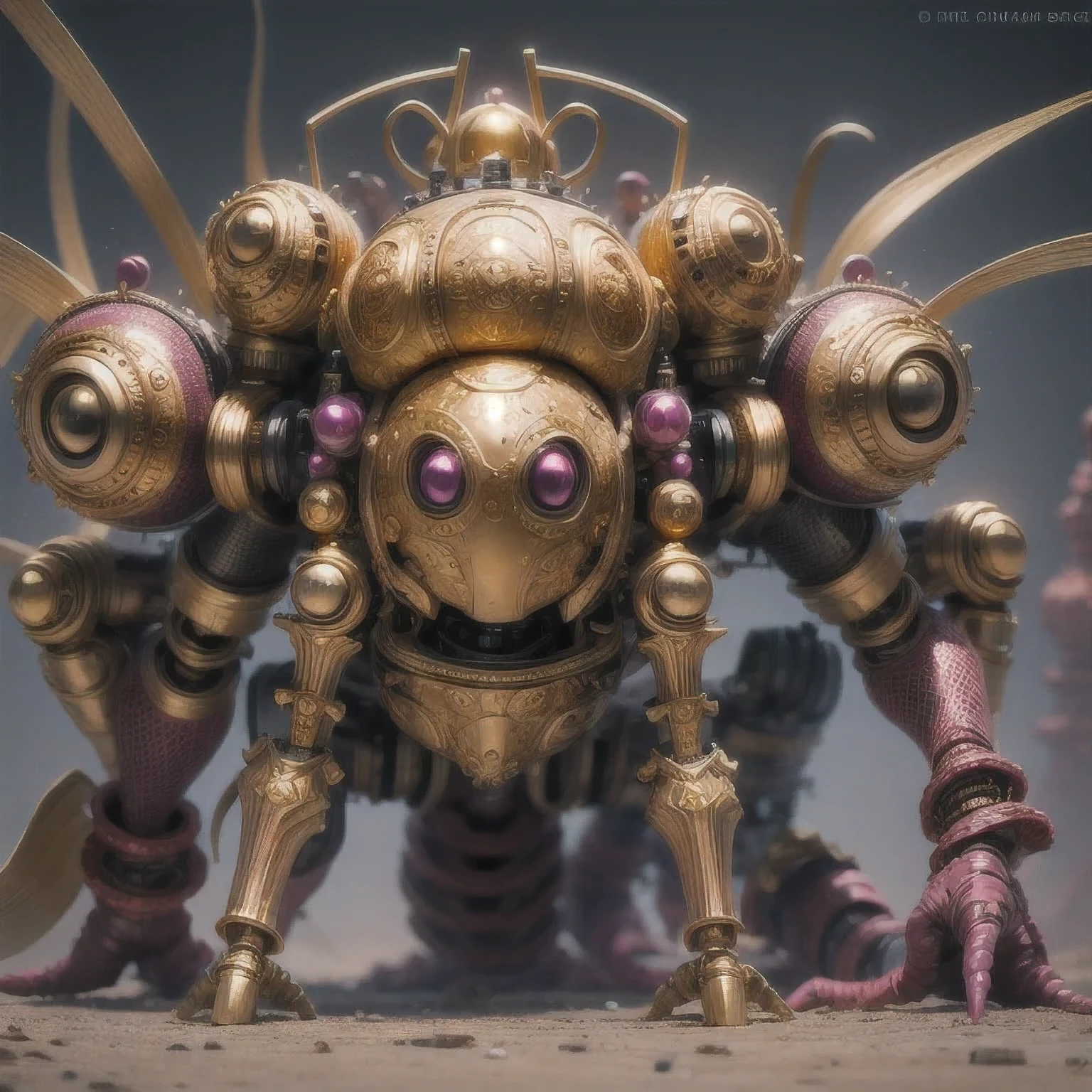 a close up of a golden spider with a purple-pink body and legs, steampunk spider, Mechanical spider red and white legs, arachnid, lolth, arachne, spider, steampunk robot scorpion, highly detailed barlowe 8 k, Bright orange legs large, sculpture made of gold, by Hiroyuki Tajima, full samurai armor spiderman, giger spider joker, insectoid,(((Degenerator )))