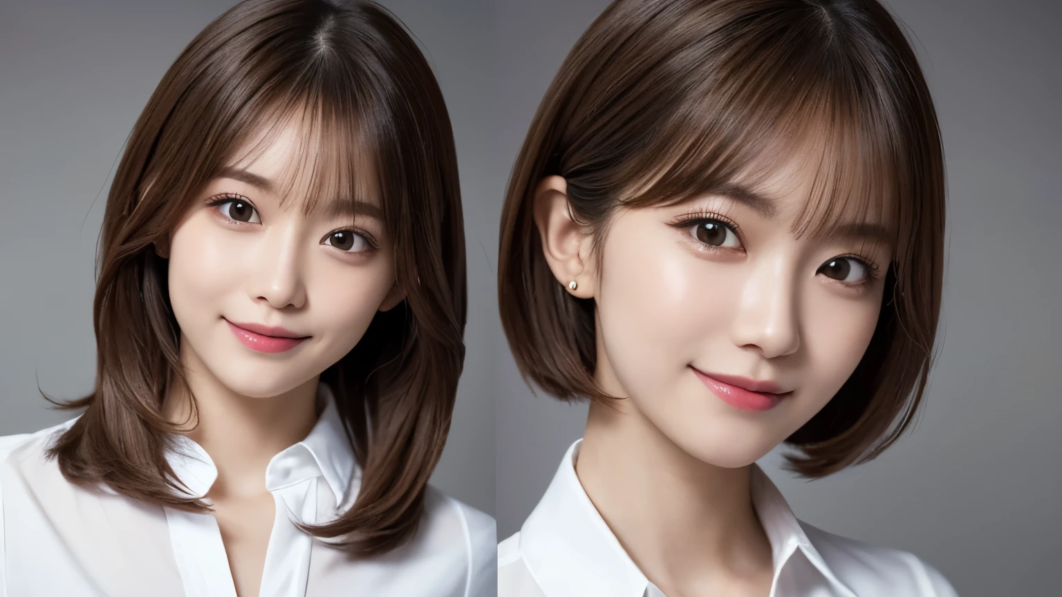 (Very detailed CG Unity 8k wallpaper, highest quality, Very detailed, Looking at the camera:1.2, The light shines on your face:1.5, Gray background, Professional Lighting), Japan female, 26 years old, Upper body composition with brightly lit face. She has an oval face, Soft arched eyebrows, bright expressive eyes,, pronounced nose, And a friendly smile. Her hair is shoulder-length, straight, Dyed a light chestnut color. She is wearing a smart casual blouse, Probably soft colors, Paired with a chic blazer, Embody her lively and sociable personality