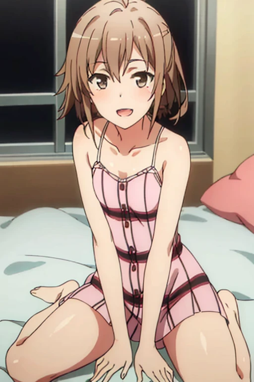 ((highest quality)), ((masterpiece)), (be familiar with), Perfect Face, indoor, Bedroom, Watching the audience,
One woman, Yuigahama Yui,
Open Mouth, Ecstatic expression, blush, smile,
Small breasts, Flat Chest, Young Girl, , , Girl,
Short Hair, Salmon-colored hair, Salmon-colored eyes, Side Pony,
Leg spread,