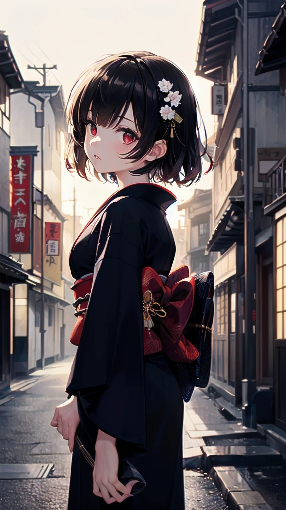 Dynamic angle, Perspective, (Backlight, Dark:1.5), Illustration, Top quality, Masterpiece, High resolution, Very delicate and beautiful, Very detailed wallpaper, Original, 1girl, Lolita, White skin, Short hair, Dark hair, Dull fringe, Fine eyes, Red eyes, (Black kimono:1.2), Japanese, city, Cute,Taisho period,Streetscape during the Taisho period