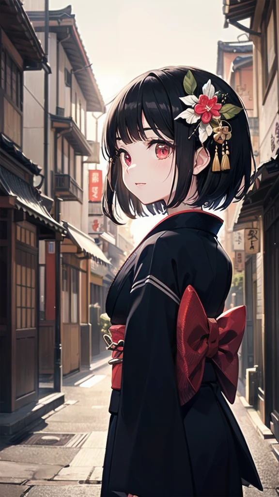 Dynamic angle, Perspective, (Backlight, Dark:1.5), Illustration, Top quality, Masterpiece, High resolution, Very delicate and beautiful, Very detailed wallpaper, Original, 1girl, Lolita, White skin, Short hair, Dark hair, Dull fringe, Fine eyes, Red eyes, (Black kimono:1.2), Japanese, city, Cute,Taisho period,Streetscape during the Taisho period