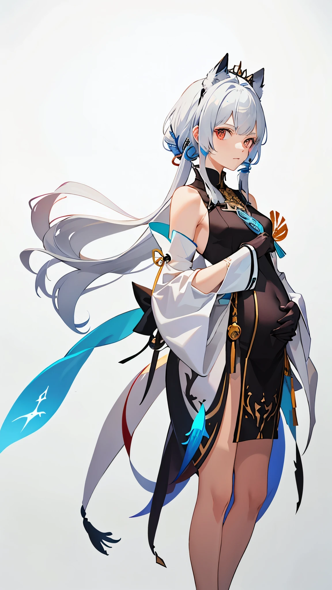 a woman in a dress holding a dagger and a dagger, video game character, from arknights, fox nobushi holding a dagger, hajime yatate, keqing from genshin impact, random haired deity, with small sword, ayaka genshin impact, female action anime girl, official character art, anime character, pregnant anime girl, fetus, random hair color
