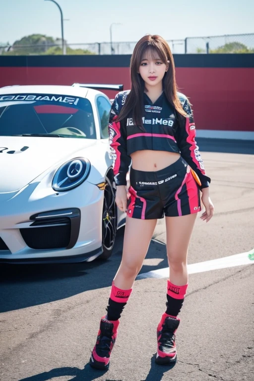 Female racer in red racing suit standing in front of red racing car Brown hair Ai Shinozaki Monza Circuit Stand with your arms crossed portrait porch