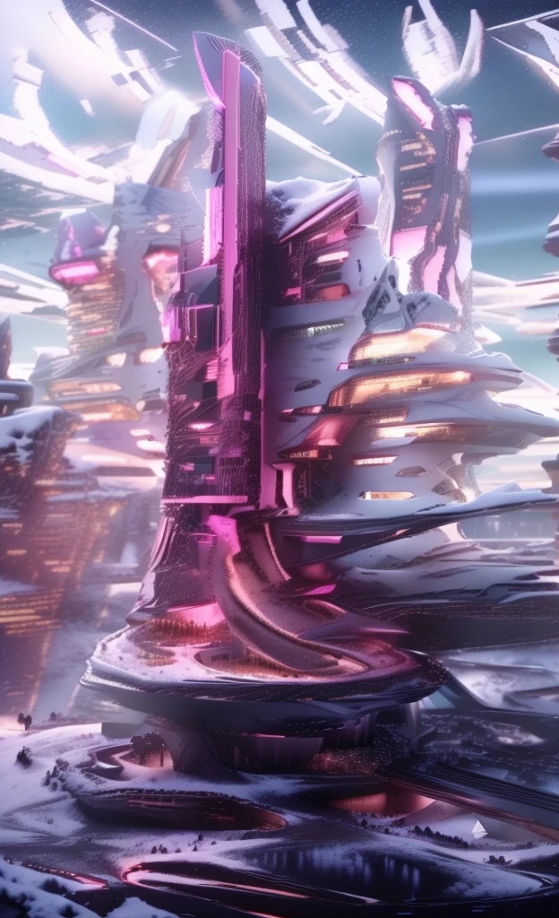 Masterpiece, 12k, uhd, photorealistic, a ultra beautiful suggestive landscape, with snow hills, snow land, futuristic metropolis in background, with skycrapers, night sky with stars, pink boreal aurora in the sky, light neon effects, cyberpunk dreaming atmosphere, (3D rendering buildings), seems real, blue and pink sky and snow colors