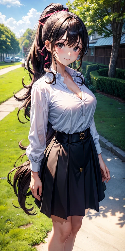 1girl, full body, solo, summer, village, trees, sun, clouds, ((colorful hair)), long hair, curly hair, ponytail, large breasts, ((black blazer)), button down shirt, ((white shirt)), ((short sleeved shirt)), ((unbuttoned shirt)), unbuttoning buttons, cleavage 1:3, brown eyes, skirt, smile, looking at the viewer, standing, hair ribbon, golden necklate