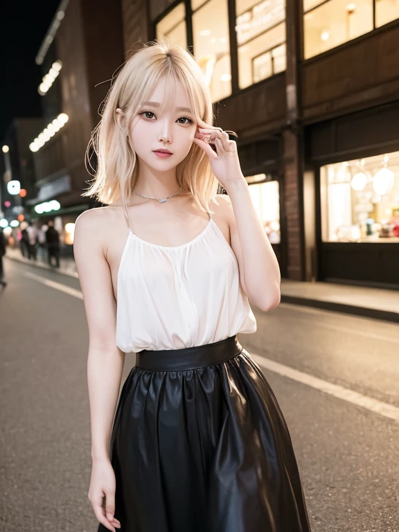 masterpiece, highest quality, High resolution,alone,Multiple hair colors,artistic,Best lighting,casual,Flat Chest,Beautiful Face,expensive,smile,light makeup,Age 24,Calm woman,Detailed Hair,Laughing woman,Wavy Hair,Woman in long skirt,night,whole body,outside,Shopping Street,Face Focus