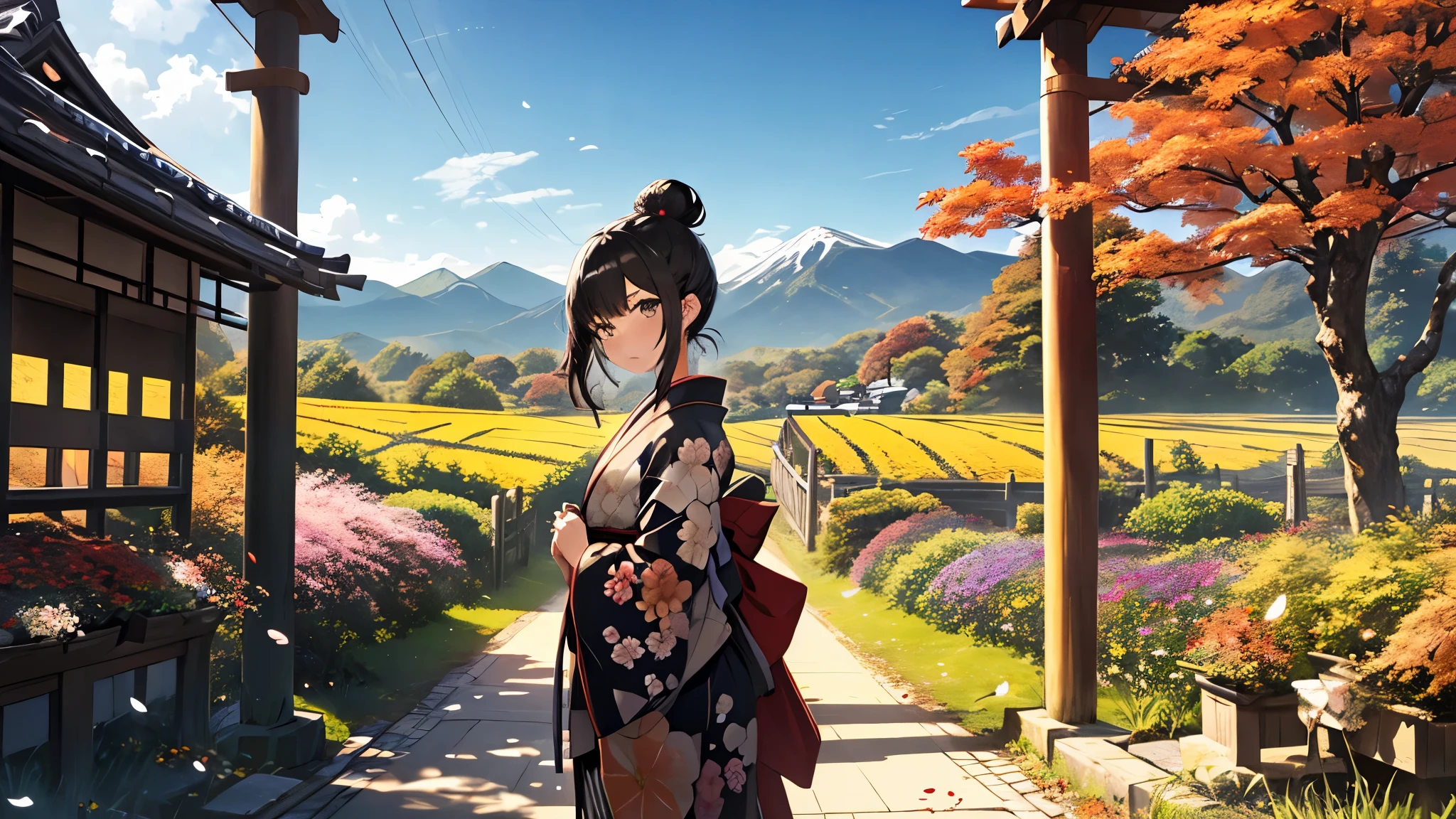 official art, beautiful woman, kyoto, paint kimono, black hair, topknot, flower Japanese hairpin, cowboy shot, outdoors, Autumn, colored leaves, flower fields, paths, mountains changing colors in the distance