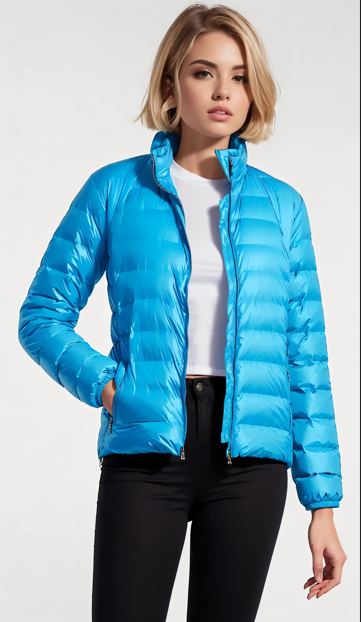 a woman wearing a blue jaqueta and black pants, model wears a puffer jaqueta, puffer jaqueta, blue jaqueta, wearing blue jaqueta, harmony blue jaqueta, parka azul, wearing a blue jaqueta, Casaco azul, azul claro, future inflatable jaqueta, azul claro, short jaqueta, transparent puffer jaqueta, ciano, reflective puffer jaqueta, jaqueta