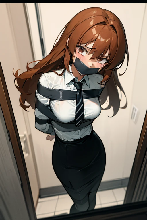 Highest quality, high resolution, looking at viewer, 1 woman with long messy thick hair, center part, stacked bob, voluminous hair, in her 20s, white tight buttoned shirt, knee length, form fitting pencil skirt, black pantyhose and high heel, wrinkled clothing, photo realistic, video game cut scene, smooth, detailed face, perfect skin, beautiful, Insanely detailed, (taped mouth), tape gag, gag, gagged, ankles taped, ,mouth taped, arms bound behind back, elbows taped, wrists taped, taped legs, taped arms, knees taped, frightened, pleading eyes, desperate escape attempt, crying, fearful, cinematic, anime, cowboy shot, wide shot, from above, award wining, masterpiece, super detail, detailed background, anatomically correct, best quality, 16k, butt focus, messy hair, tears, bruises, back to the camera