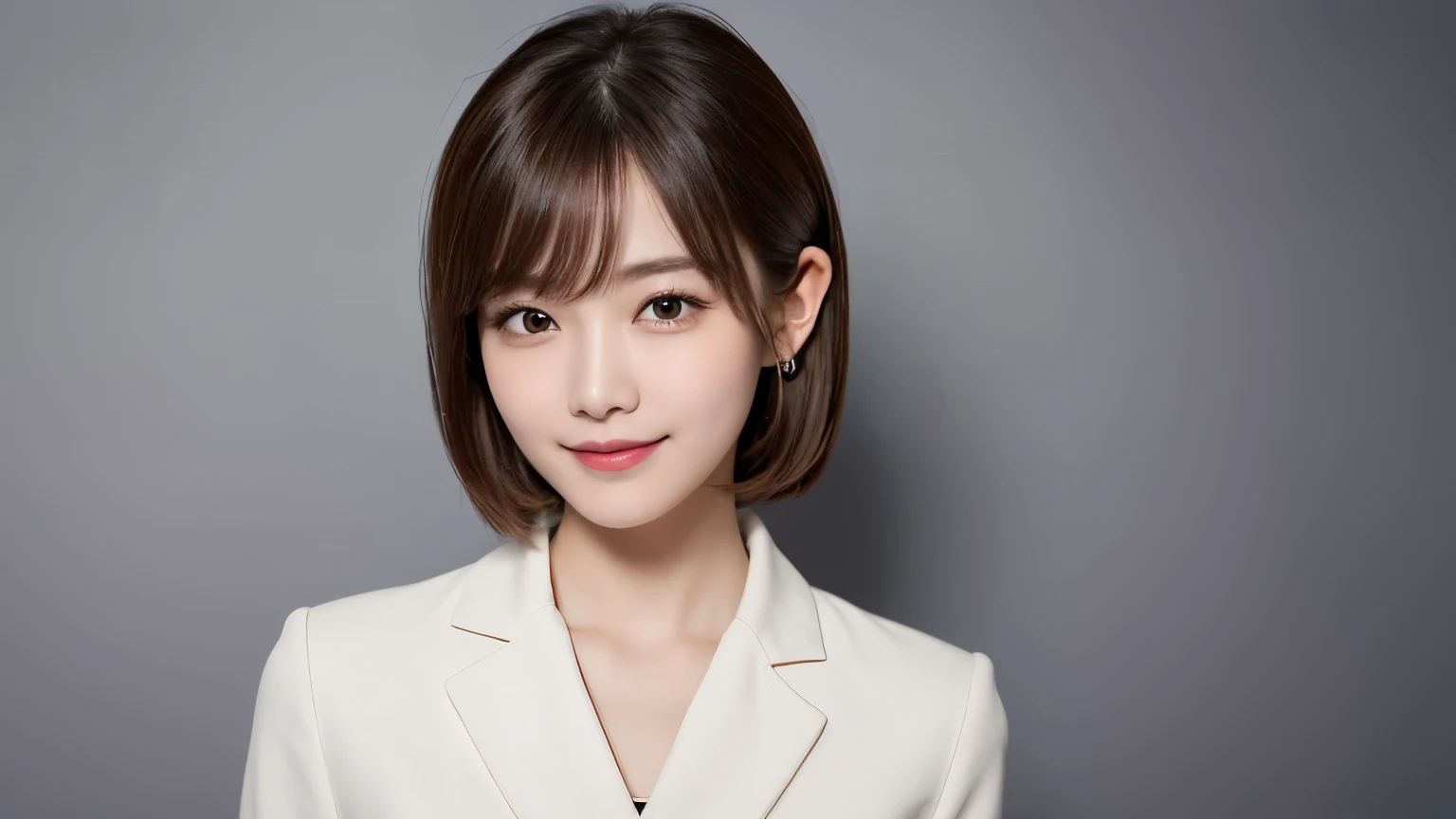 (Very detailed CG Unity 8k wallpaper, highest quality, Very detailed, Looking at the camera:1.2, The light shines on your face:1.5, Gray background, Professional Lighting), Japan female, 26 years old, Upper body composition with brightly lit face. She has an oval face, Soft arched eyebrows, bright expressive eyes,, pronounced nose, And a friendly smile. Her hair is shoulder-length, straight, Dyed a light chestnut color. She is wearing a smart casual blouse, Probably soft colors, Paired with a chic blazer, Embody her lively and sociable personality